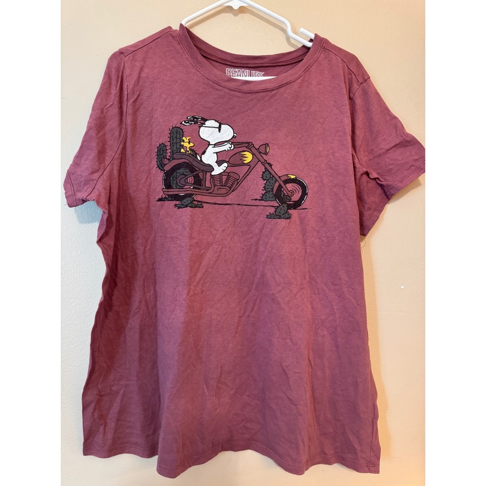 Peanuts Snoopy Woodstock Motorcycle Graphic T-Shirt Burgundy Size 1 Joe Cool